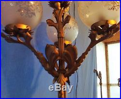 Antique Arts and Crafts Wrought Iron 4 Arm Floor Lamp with Etched Glass Shades