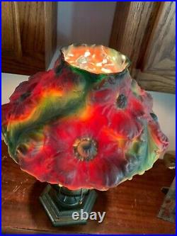 Antique Beautiful Red Poppy Puffy Reversed Painted Lamp With Free Shipping