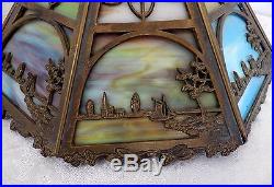 Antique Bradley & Hubbard slag glass lamp shade Arts Crafts boat trees 16 panel