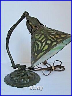 Antique Brass Bent Green Slag Glass Overlay Desk Lamp