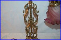 Antique Brass and Iron Bridge Lamp Art Glass Shade