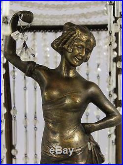 Antique Bronze Art Deco Nude Flapper Woman & Glass Crystal Beaded Lamp
