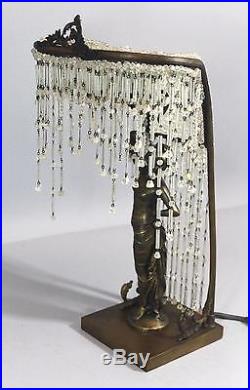 Antique Bronze Art Deco Nude Flapper Woman & Glass Crystal Beaded Lamp
