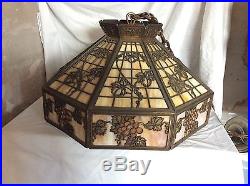 Antique Bronze Arts And Crafts Signed Bradley Hubbard Slag Glass Hanging Lamp