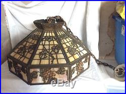 Antique Bronze Arts And Crafts Signed Bradley Hubbard Slag Glass Hanging Lamp