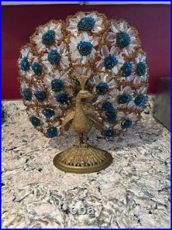 Antique Bronze Czechoslovakian Art Glass Beaded Peacock Lamp