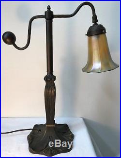 Antique Bronze Table Lamp with 1 Signed Quezal Art Glass Aurene Iridescent Shade