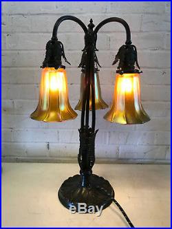 Antique Bronze Table Lamp with 3 Signed Quezal Art Glass Aurene Iridescent Shades