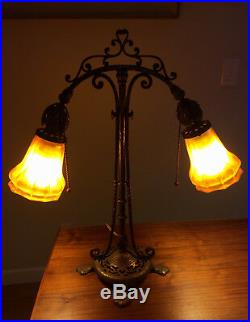 Antique Bronze and Gilt painted Cast Iron table lamp w Quezel Art Glass Shades