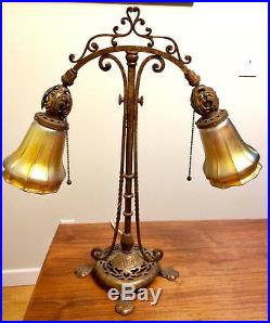 Antique Bronze and Gilt painted Cast Iron table lamp w Quezel Art Glass Shades