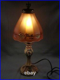 Antique Cast Iron Art Nouveau Pat. 1909 Table Lamp with Nuart Carnival Glass Shade
