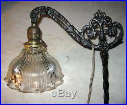 Antique Cast Iron Bridge Floor Lamp Glass Shade Sconce Light Floral Brass Art