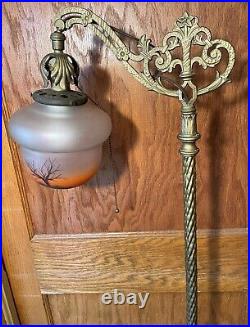 Antique Cast Iron Floor Bridge Lamp Gold Flowers Reverse Paint Acorn Glass Shade