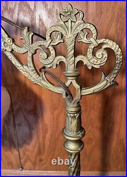 Antique Cast Iron Floor Bridge Lamp Gold Flowers Reverse Paint Acorn Glass Shade