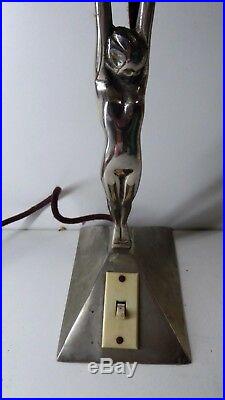 Antique Chrome Diana Naked Lady Art Deco Statue Lamp Beehive Glass Lightshade