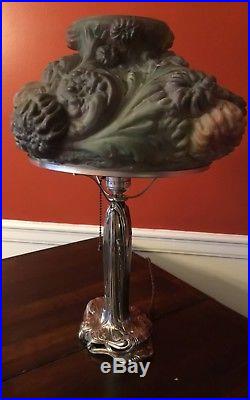 Antique Chrythanthemum Puffy Pairpoint Art Glass reverse painted Lamp, Rare