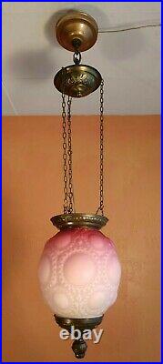 Antique Converted Kerosine Red Art Glass Hanging Lamp