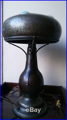 Antique Copper Bronze Brass Arts & Crafts Lamp w Chunk Glass Jewels Hammered