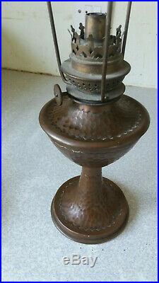 Antique Copper -arts & Crafts Oil Lamp Glass Jewelled Shade - W & W Kosmos