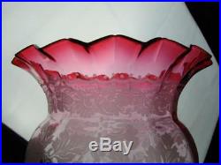 Antique Cranberry Glass Duplex Oil Lamp Shade Etched Art Nouveau Foliate Decor