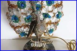 Antique Czech Crystal Glass & Bronze Art Deco Peacock Lamp