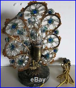 Antique Czech Crystal Glass & Bronze Art Deco Peacock Lamp