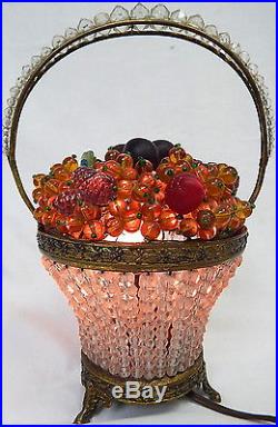 Antique Czech Glass Beaded Fruit Basket Lamp Art Deco Art Nouveau Orange Floral