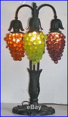 Antique Czech Grape Art Glass Fruit Lamp Pendant 3 Cluster Purple Green Amber