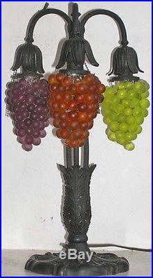 Antique Czech Grape Art Glass Fruit Lamp Pendant 3 Cluster Purple Green Amber