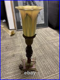 Antique DESK LAMP signed QUEZAL GOLD ART GLASS SHADE 15