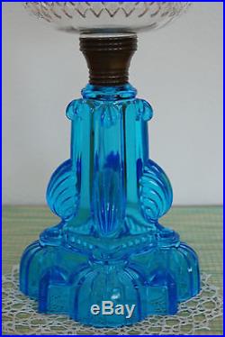 Antique Eapg Oil Kerosene Patterned Glass Sky Blue Shells Art Deco Nouveau Lamp