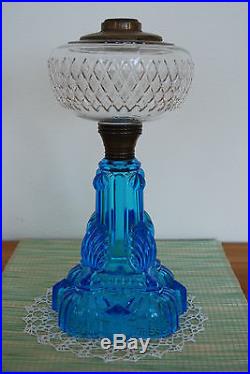 Antique Eapg Oil Kerosene Patterned Glass Sky Blue Shells Art Deco Nouveau Lamp
