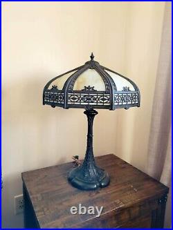 Antique Early 1900s Arts & Crafts Bronze & Slag Glass Table Lamp 25 x 18
