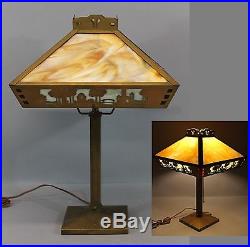 Antique Early 20thC Classic Arts & Crafts Brass & Slag Glass Table Lamp & Shade