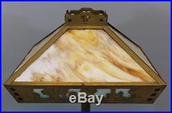 Antique Early 20thC Classic Arts & Crafts Brass & Slag Glass Table Lamp & Shade