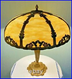 Antique Edward Miller Art Nouveau 8 Panel Caramel Slag Glass Table Lamp