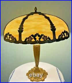 Antique Edward Miller Art Nouveau 8 Panel Caramel Slag Glass Table Lamp
