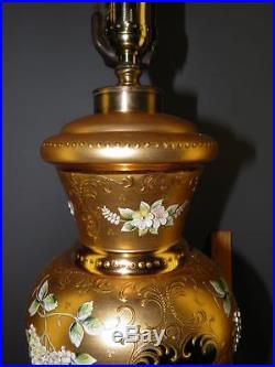 Antique Emerald Green Bohemian Czech Heavily Gilded Enamel Art Glass Table Lamp