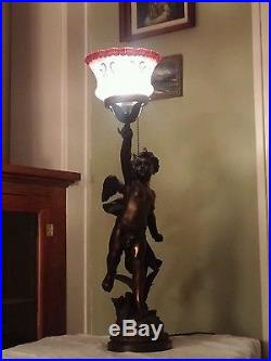 Antique FRENCH BRONZE Figural CHERUB STATUE NEWEL POST OIL LAMP Art Glass Globe