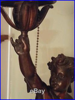 Antique FRENCH BRONZE Figural CHERUB STATUE NEWEL POST OIL LAMP Art Glass Globe