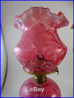 Antique Fenton Cranberry Fern Daisy Opalescent Glass Matched Lamp Set Vtg 1890s