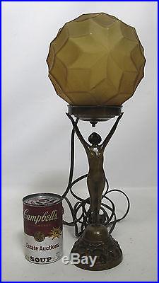 Antique Frank Art Deco Style Bronzed Figural Table Lamp withAmber Glass Shade! Yqz