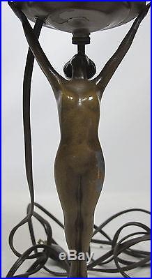 Antique Frank Art Deco Style Bronzed Figural Table Lamp withAmber Glass Shade! Yqz