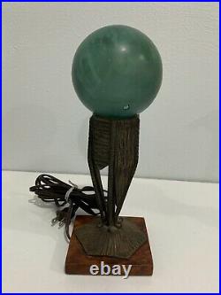 Antique French Art Deco Metal & Green Glass Globe Lamp with Wood Base