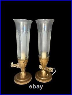 Antique French Art Deco Torchiere Frosted Glass Table Lamps Heavy Bronze Base