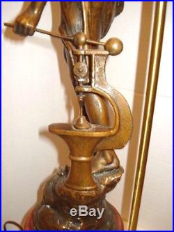 Antique French Art Nouveau Bronze Figural Lamps Phone Industry Art Glass Worlds