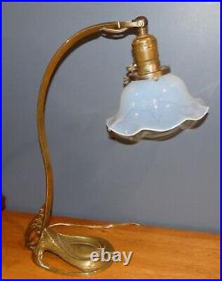Antique French Art Nouveau Deco BRONZE DESK Table LAMP with Opaline Glass Shade