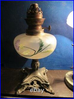 Antique French Art Nouveau Enameled Glass Oil Lamp, Thistles