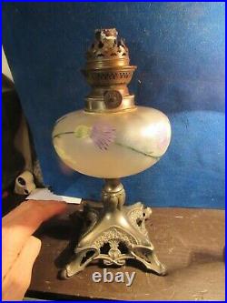 Antique French Art Nouveau Enameled Glass Oil Lamp, Thistles