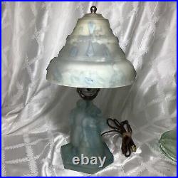 Antique Frosted Glass 12 Art Deco Boudoir Lamp Dutch Couple Windmill Geese